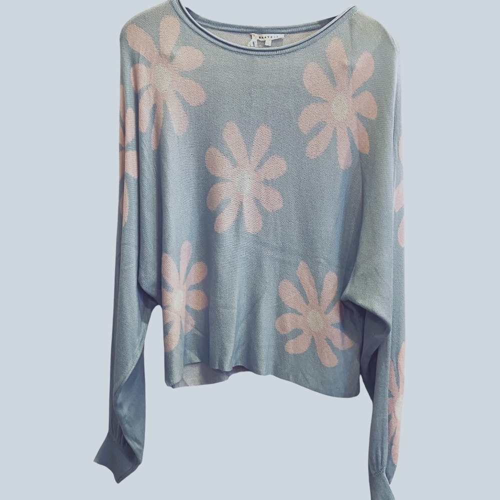 Off-the-Shoulder Blue and Pink Floral Sweater